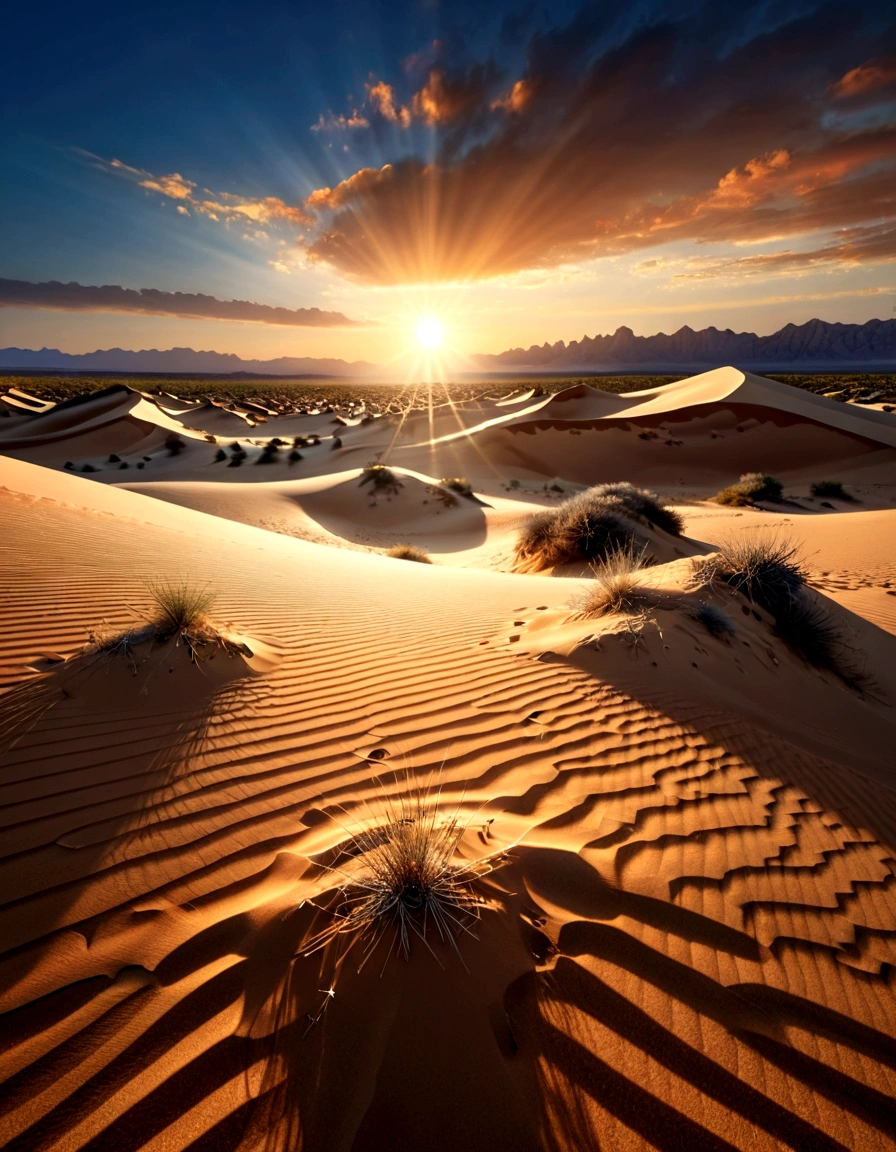 detailed fantasy desert landscape, dramatic sunrise, sun peeking over the horizon, golden rays of light, vast sandy dunes, windswept rocks, sparse vegetation, crystal clear blue sky, cinematic lighting, highly detailed, photorealistic, 8k, masterpiece, professional digital art