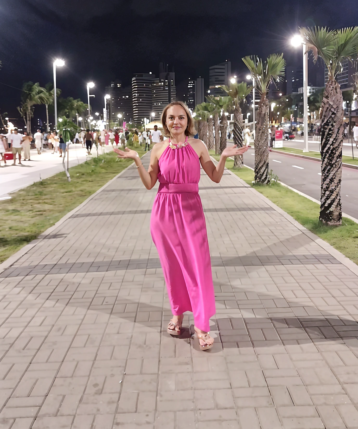 Instagram picture of a beautiful woman wearing a bright red dress with high heels,Rio de Janeiro, Brazil at twilight,shy, epic character composition,by ilya kuvshinov, alessio albi, nina masic,sharp focus, subsurface scattering, f2, 35mm, film grain ,blonde,smile <lora:bellaba:1>