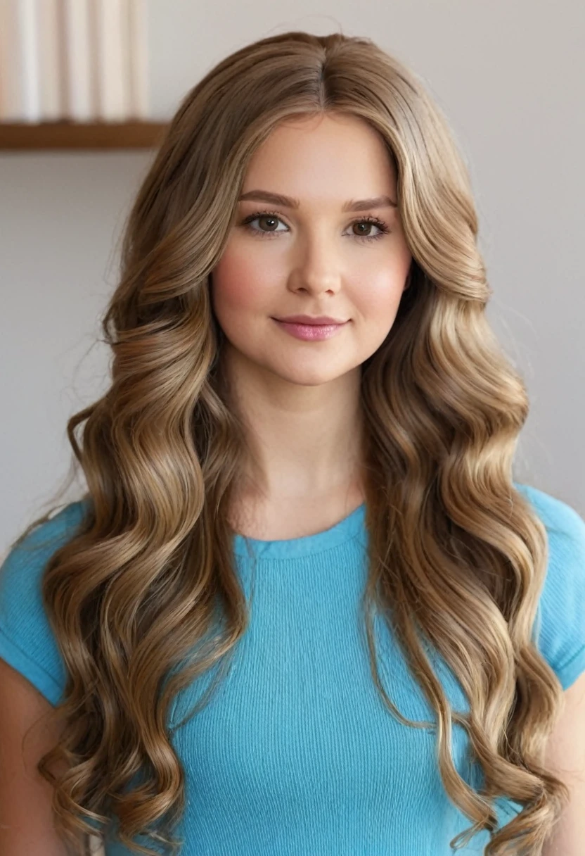a 29-year-old American girl with long light brown wavy hair stand in house