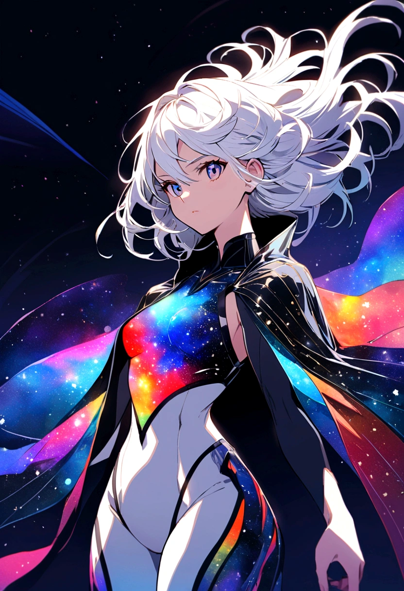 A strong and determined girl, with white hair and streaks colored with the colors of a galaxy. She wears simple clothes. The background must be a galaxy.