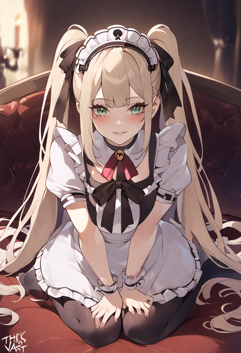 marie rose, maid uniform, headdress, black stockings, mansion, ThiccWithaQ art style, marie rose, cute, lewd, 