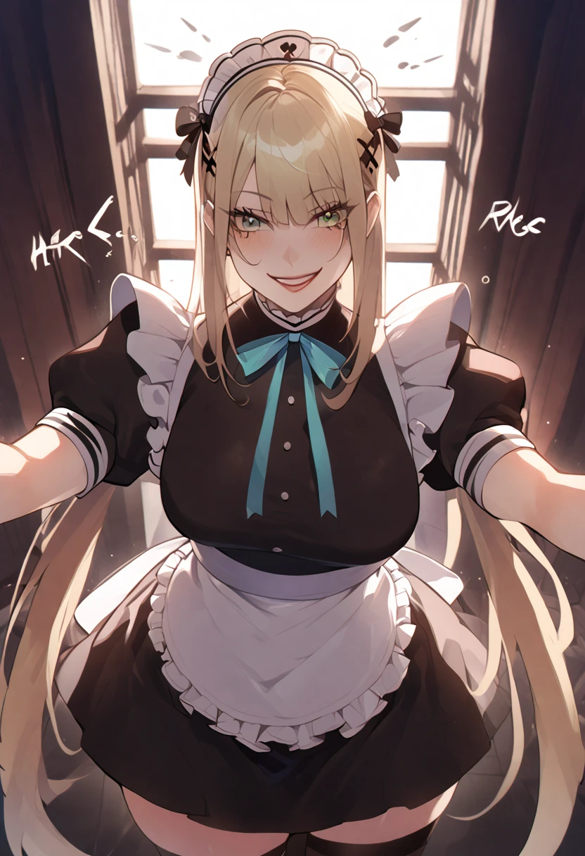 marie rose, maid uniform, headdress, black stockings, mansion, ThiccWithaQ art style, marie rose, cute, lewd, 