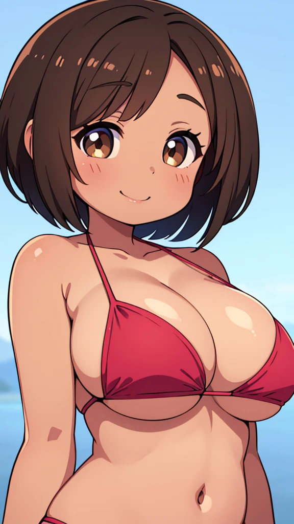 Beautiful young girl , Beautiful round breasts,Bust up front,Beautiful upturned breasts,G-Cup, Narrow waist,Brown skin,Short Bob,Baby Face, bikini top,(((Enlarged view of the upper body))),View from the front, Cleavage is clearly visible,Keep your head upright and smile,ID photo