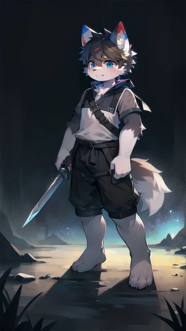 White Wolf,black hair,Sky blue eyes,hairy,Wolf ears,Wolf tail,Full body portrait,The character is in the center of the frame,Handsome,Confident eye***but,juvenile,Black and white combat uniform,Red neck bib,Black shorts,Short sleeve,hairy arms and legs,Dark background,Dark battlefield,dawn,sunrise,dawn,illumination,shadow,Swordsman,Scabbard and Hold the hilt of a in your hand,The scabbard is at the waist,Highest quality