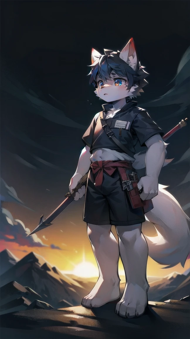 White Wolf，black hair，Sky blue eyes，hairy，Wolf ears，Wolf tail，Full body portrait，The character is in the center of the frame，Handsome，Confident eye***but，juvenile，Black and white combat uniform，Red neck bib，Black shorts，Short sleeve，hairy arms and legs，Dark background，Dark battlefield，dawn，sunrise，dawn，illumination，shadow，Swordsman，Scabbard and Hold the hilt of a in your hand，The scabbard is at the waist，Highest quality