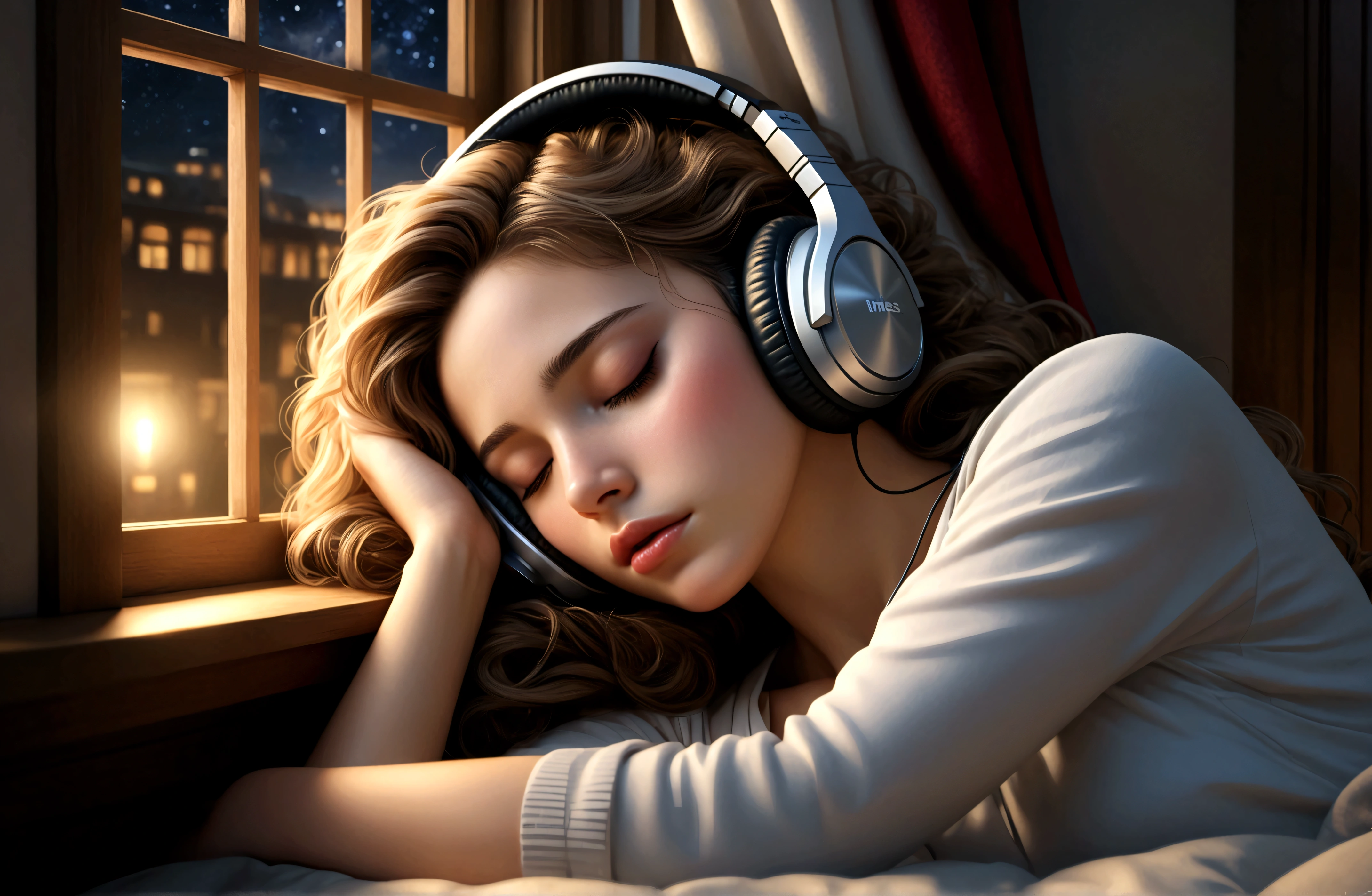 masterpiece, highest quality, beautifully, 1girl, eyes closed, sleeping, detailed lips, detailed hair, detailed outfit, headphones, bedroom, night, window opened, cinematic lighting, hyper detailed, intricate details, (best quality:1.2), (realistic:1.37), (masterpiece:1.2)