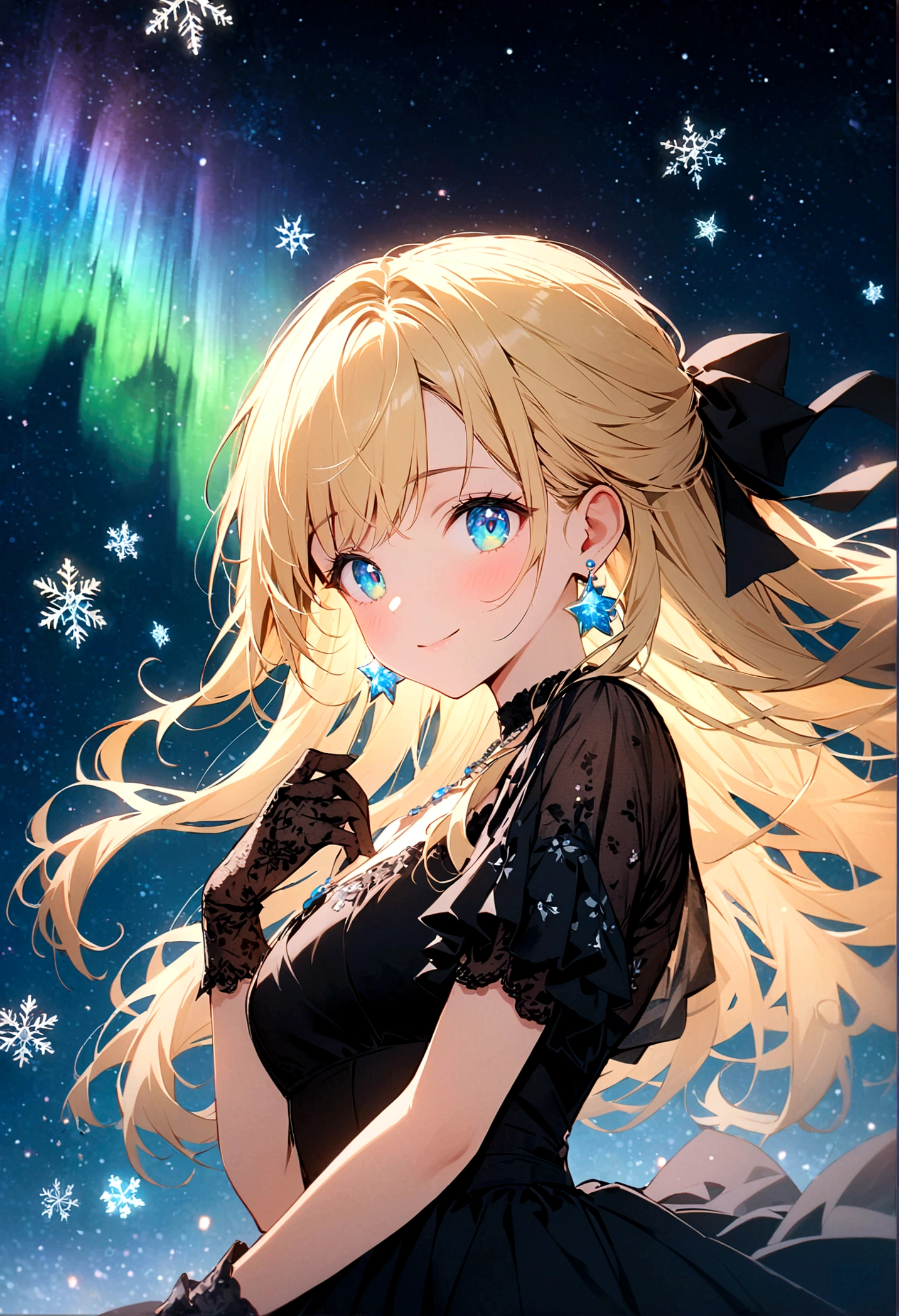 {best quality}, {{masterpiece}}, {highres}, original, extremely detailed 8K wallpaper, 1girl, {an extremely delicate and beautiful},aurora,snowflakes,starry sky,clusters of stars,starry sky,glinting stars,,starry sky ,blonde hair,long hair,half updo,floating hair,cyan_eyes,sweet smile,beautiful_face,beautiful detailed eyes,black skirt dress, flower pattern in dress,black gown,black stocking,High heeled gift shoes,lace-trimmed_gloves,earrings,necklace,
