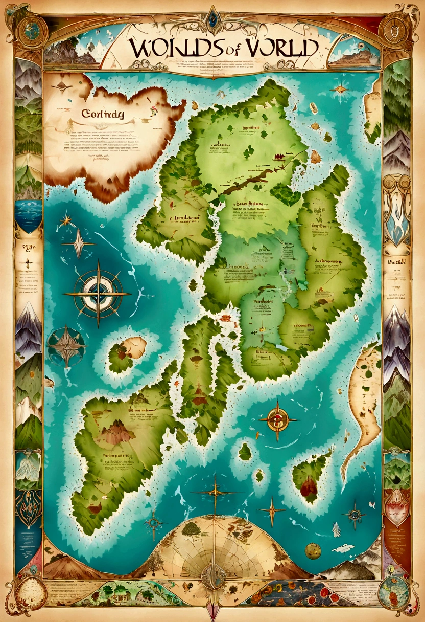 Tokkien world style map of Middle Earth, with continents, countries and islands. Combine different types of terrain such as mountains, slopes, rivers, swamps and deserts