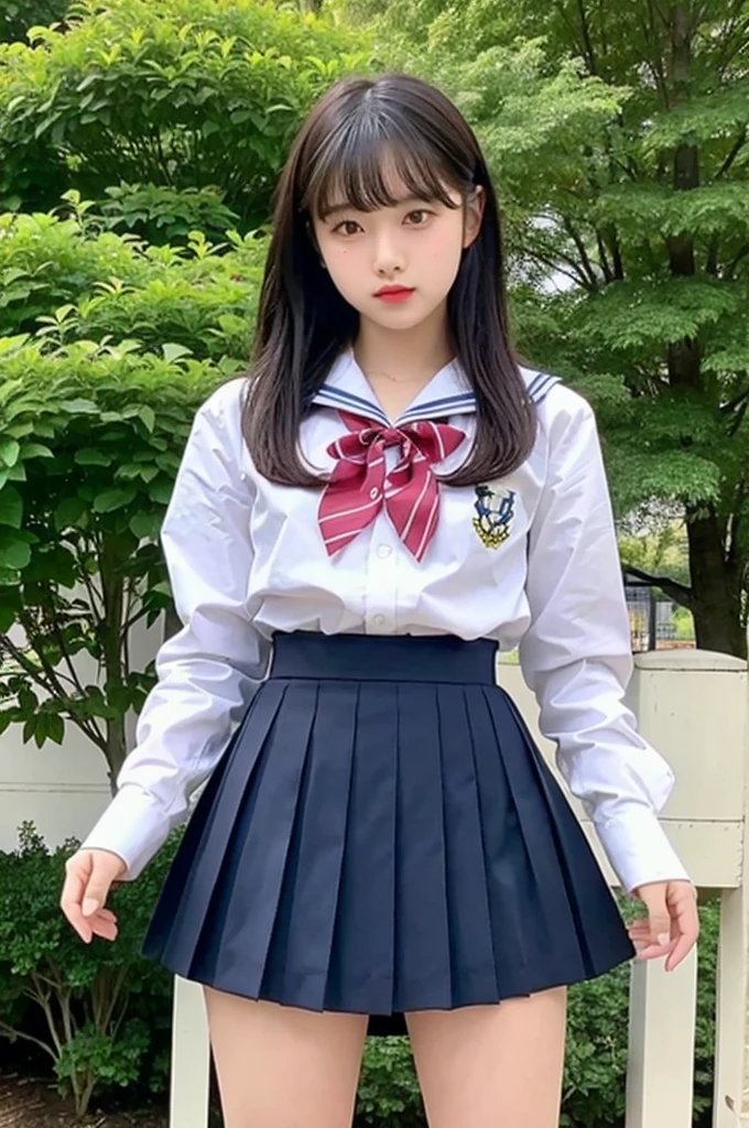 girl standing in school park,sailor shirt with red bow tie,school skirt,18-year-old,bangs,thighs,knees,from below