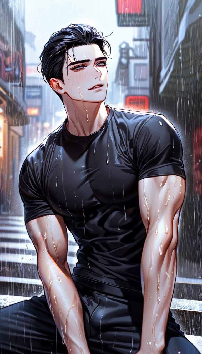 absurdres, highres, ultra detailed, HDR, master piece, best quality, perfect eyes, defined appearance, Joo Jaekyung, black hair, slicked back, ruffled, expressive gray eyes, Jinx, solo, sexy man, handsome, smirking, horny, toned, black tight T-shirt, erotic, sensual, soaked, raining, street