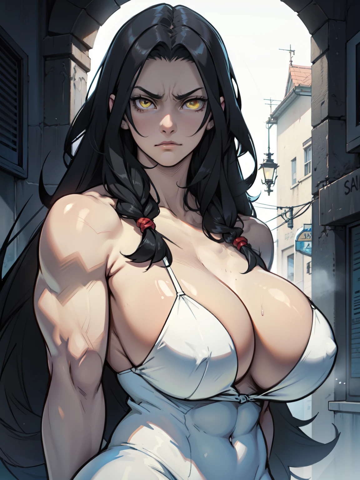 very long hair extremely long hair really long hair huge breasts huge breasts muscular girl pale skin black hair yellow eyes sad frown expressionless