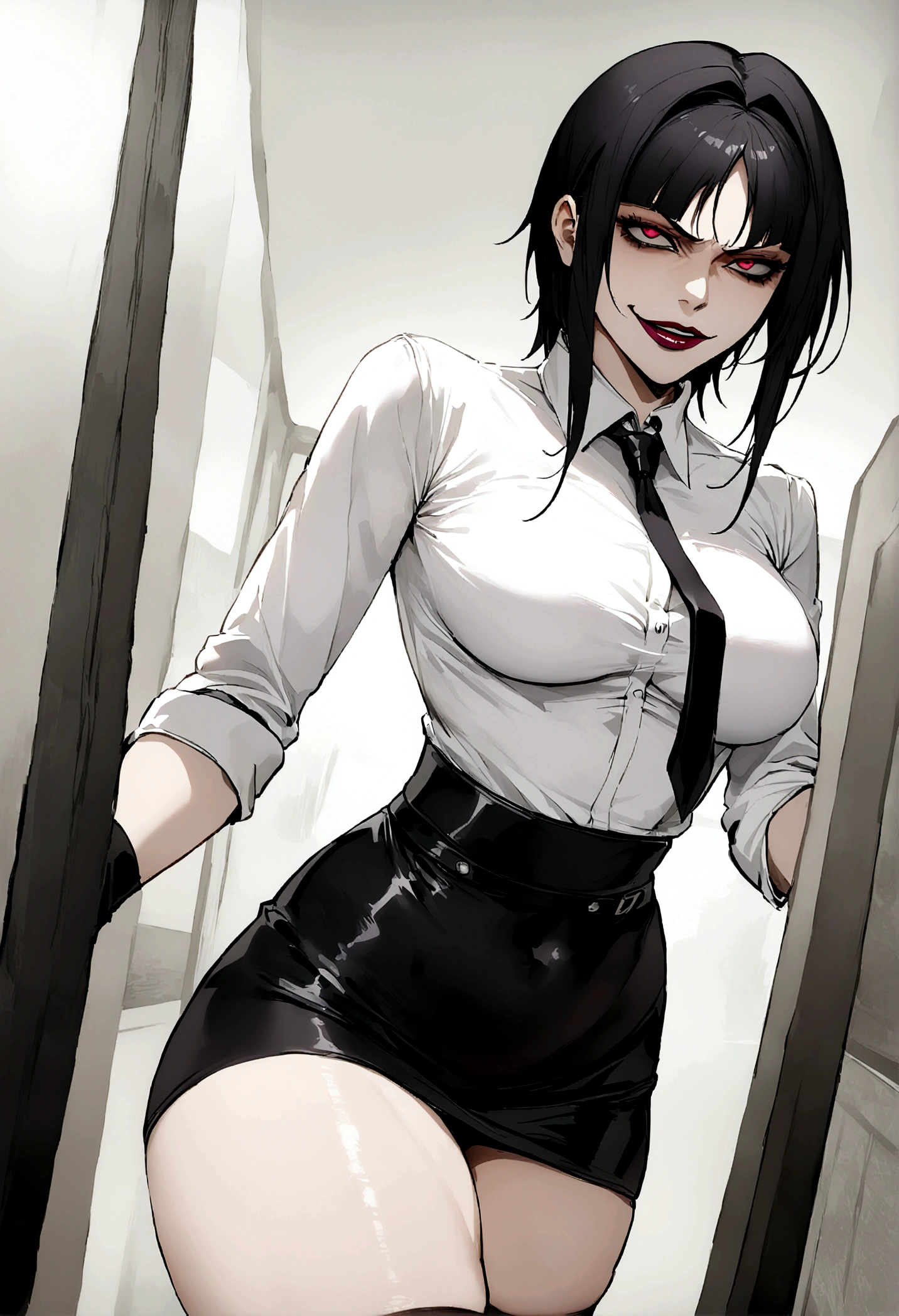 juri han, work of art, tight white secretary shirt with black tie, black high waist skirt, short skirt,stocking, black hair, black tights,evil smile,office,franja nos olhos,iluminação,chifre de cabelos,visão de cima,olhando para cima