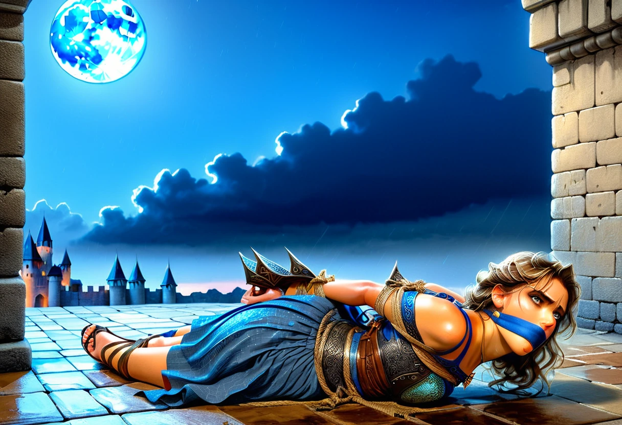 Graphics novel illustration, best quality, high resolution, 8k aesthetic, mesmerizing celestial moonlight, Over the walls of a large castle. A beautiful young woman in a short (Armored Dress), hogtied&gagged, ((laying on stomach)), short skirt, feet bound, feet up, ankles bound, lift skirt, sandals, hands together elbows apart, feet linked to shoulders, (otm gag:1.5). Large walls in the background, bound with jute rope. The cloudy sky breaking to reveal the blue moon. Rain is pouring across the landscape as heavy wind blows the banners at the crenellations. lightning strikes in the background directly hyper realistic. Epic scene like a dream. The world is majestic and darkess is about to prevail. Beautiful masterpiece of art.. beautiful contrast of the light along the walls which has an incredible reflection. Laying on walls. dress made of iron on the female. high aspect ratio. beautiful composition. detailed textures. beautiful detailed moon.