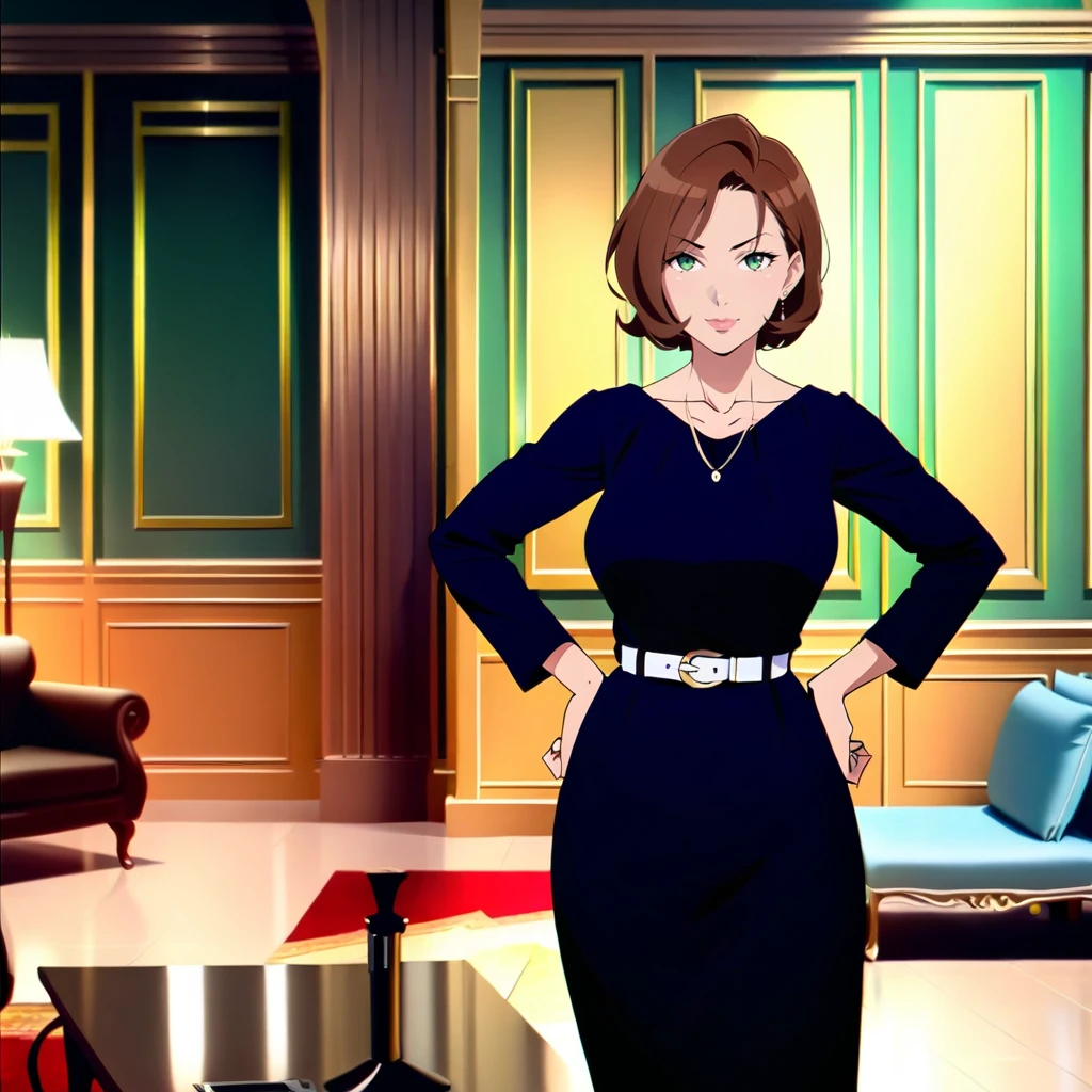 {{Artist: %ratatatat74%}} mature female, brown hair, short hair, green eyes, black dress, white belt, indoors, living room, standing, hands on hips,