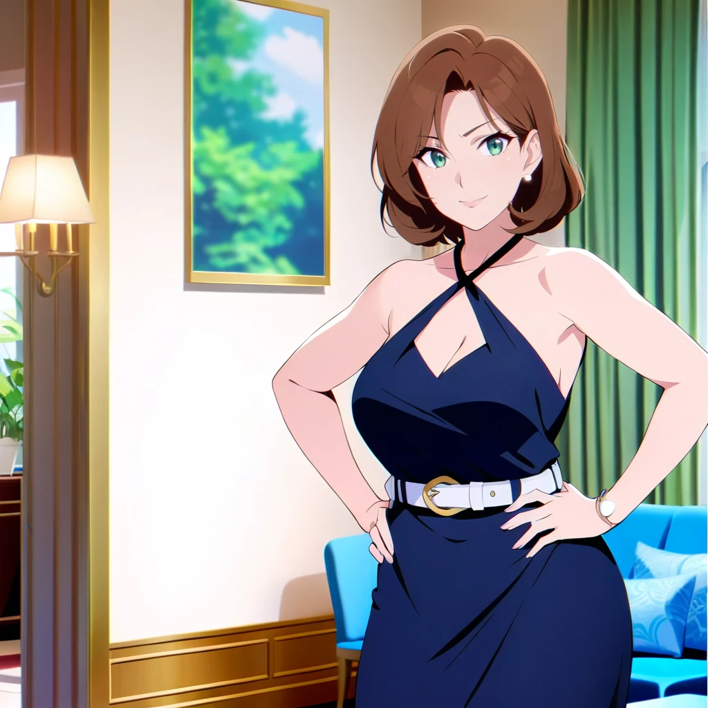  {{Artist: %ratatatat74%}} mature female, brown hair, short hair, green eyes, black dress, white belt, indoors, living room, standing, hands on hips, 