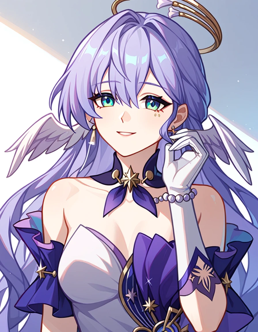 1girl, robin_\(honkai:_star_rail\), bare_shoulders, head_wings, white_dress, white_gloves, detached_sleeves, short_sleeves, aqua_eyes, long_hair, halo, purple_dress, hair_between_eyes, earrings, purple_hair