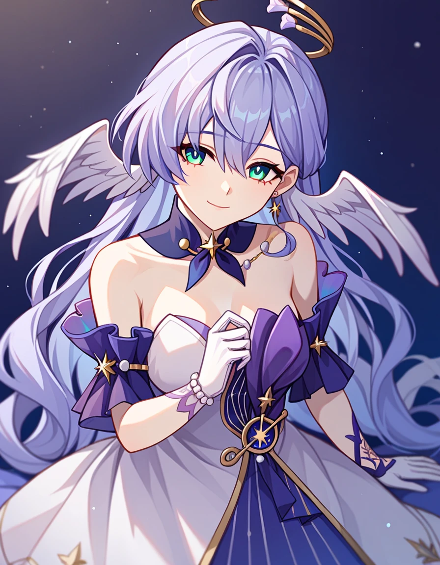 1girl, robin_\(honkai:_star_rail\), bare_shoulders, head_wings, white_dress, white_gloves, detached_sleeves, short_sleeves, aqua_eyes, long_hair, halo, purple_dress, hair_between_eyes, earrings, purple_hair