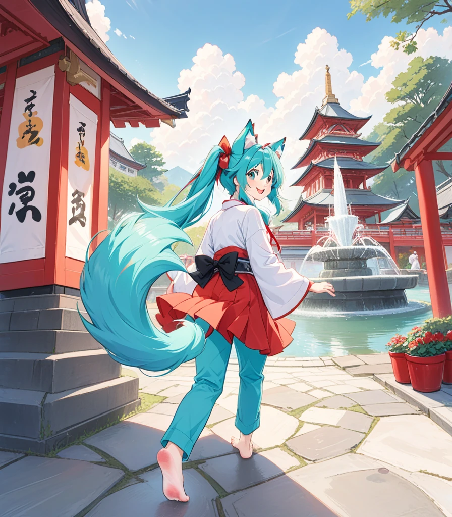 Miku Hatsune x vixen, add_detail:1 score_9, score_8_above, score_7_above, score_6_above, fountain_cheered up, classification_safe, Dagasi_Style, furry, Temple,  session, low view, from behind, soles to the viewer, showing soles, smiling, paws, 3 toes, barefoot, paws