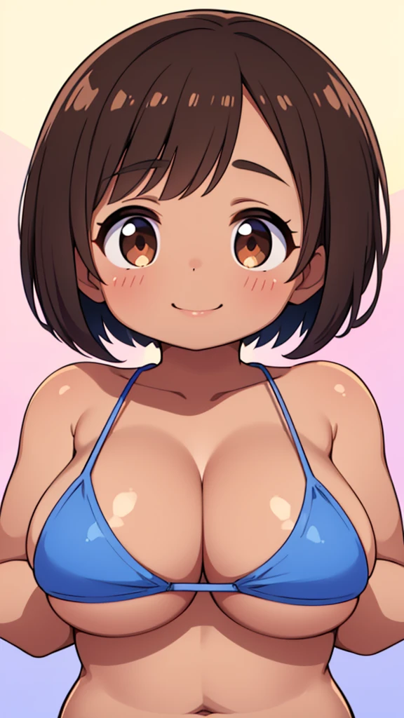 Beautiful young girl , Beautiful round breasts,Bust up front,Beautiful upturned breasts,G-Cup, Narrow waist,Brown skin,Short Bob,Baby Face, bikini top,(((Enlarged view of the upper body))),View from the front, Cleavage is clearly visible,Keep your head upright and smile,ID photo