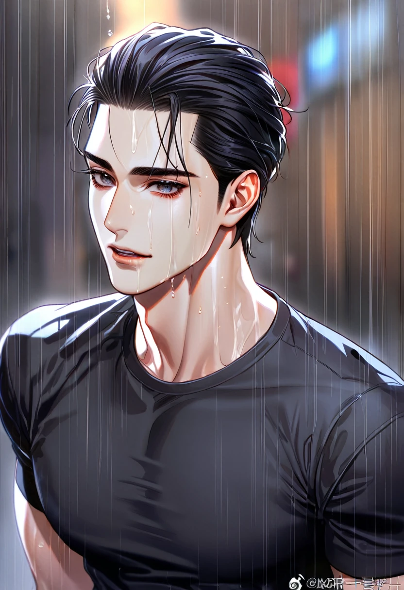 absurdres, highres, ultra detailed, HDR, master piece, best quality, perfect eyes, defined appearance, Joo Jaekyung, black hair, slicked back, ruffled, expressive gray eyes, Jinx, solo, sexy man, handsome, smirking, horny, toned, black tight T-shirt, erotic, sensual, soaked, raining, street
