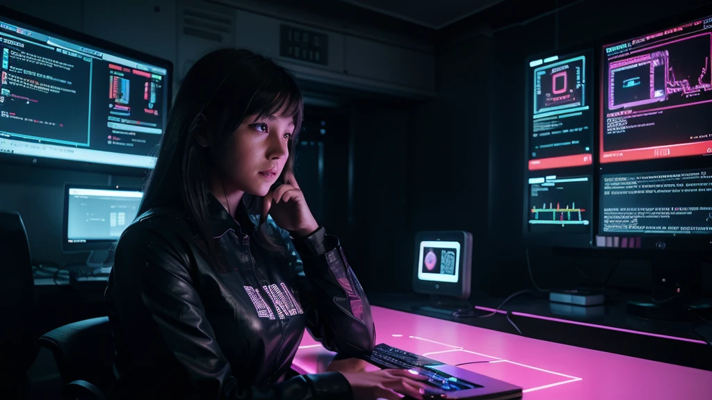 Communication between artificial intelligence and humans, a girl big data analyst in neon light from a computer, with a projection of light from monitor and icons of events and meetings, poster idea