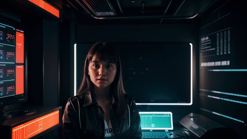 Communication between artificial intelligence and humans, a girl big data analyst in neon light from a computer, with a projection of light from monitor and icons of events and meetings, poster idea