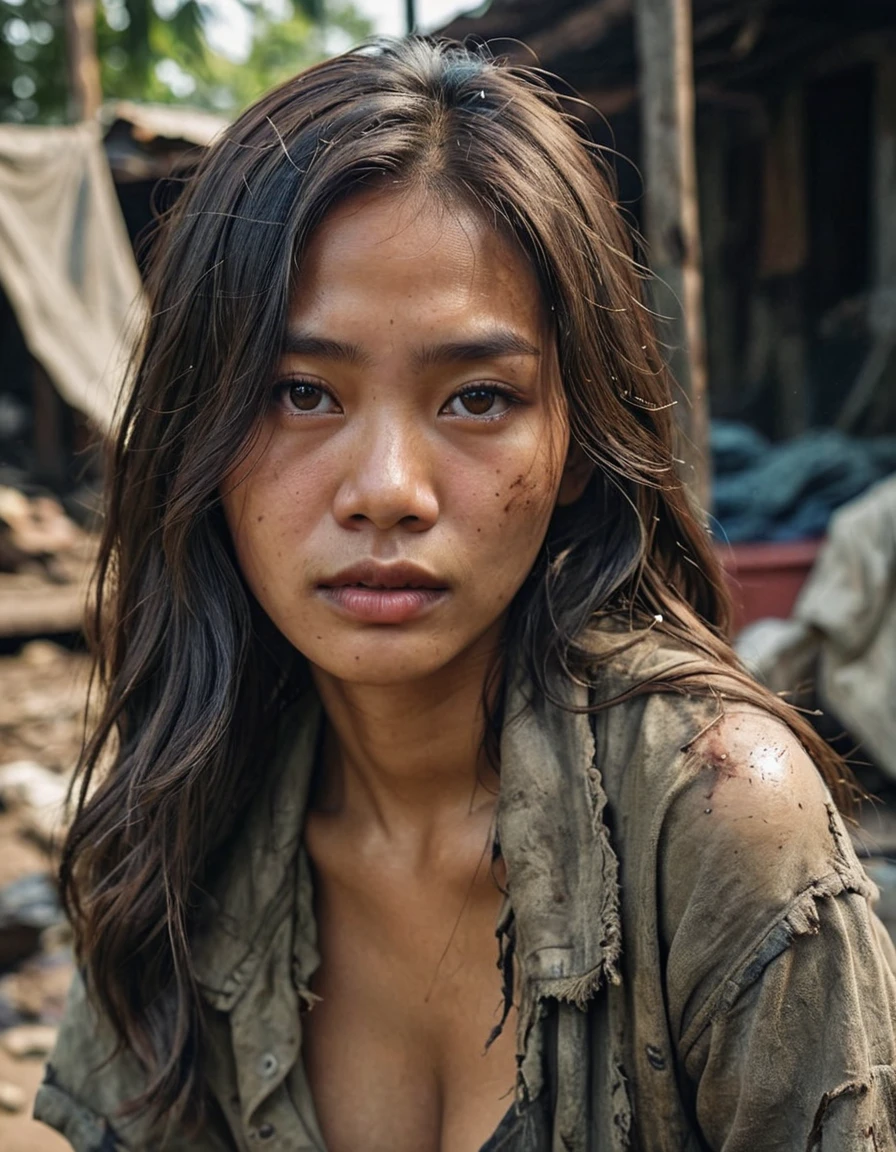 Portrait a 25 years old cambodian woman, detailed face, large breasts, very long hair, shabby torn dirty fabrics, conveying poverty, (best quality,4k,8k,highres,masterpiece:1.2),ultra-detailed,(realistic,photorealistic,photo-realistic:1.37),extremely detailed face and eyes,beautiful detailed lips,beautiful detailed eyes,longeyelashes,tattered clothes,worn and dirty,detailed skin texture,environmental dirt and grime,natural lighting,cinematic composition,dramatic lighting,realistic textures,muted color palette,gritty realism,environmental storytellin