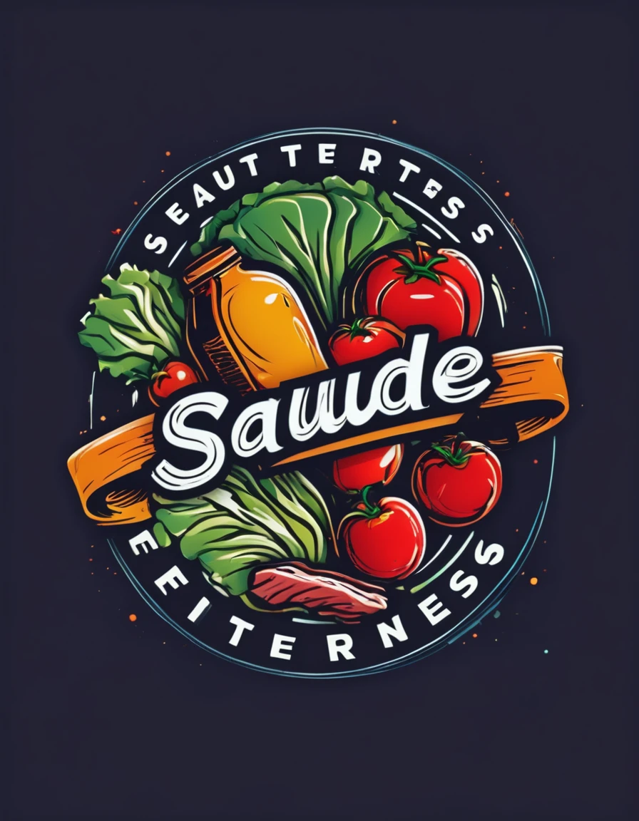 Create a logo featuring the words "Saude Fitness" in a stylized script at the center. Surround the text with detailed illustrations of healthy foods including steak, tomatoes, lettuce, and chicken filet. Use vibrant colors to convey health and vitality associated with fitness and nutrition.