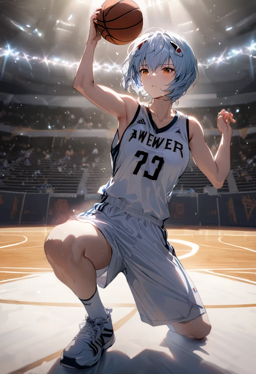 (Mastepiece, best quality, absurdres), close up shot, 1girl, ayanami rei, light blue hair, short hair, mature female, holding a basketball in hand, wearing a basketball jersey, basketball court, looking at wiewer, sweating, 8k intricate illustration, dynamic pose, cinematic lighting, volumetric lighting, vibrant colors, ray tracing, intricate details, 