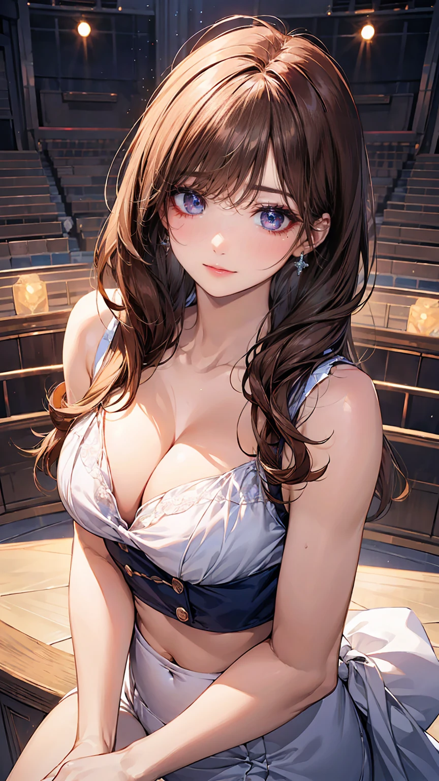 High-quality illustrations, (Natural Side Light, Theatre Lighting), Looking at the audience, Upper Body, (1 Girl:1.5), Lovely女の子, Delicate and perfect face, Symmetrical Lovely face, Shiny skin, Baby Face, Tie your bangs, Iris, Long eyelashes, (Large Breasts), (Wide Hips:1.3),Plump thighs,Beautiful Hair, Pretty face, Cute and beautiful eyes, Beautiful clavicle, Beautiful body, Beautiful breasts, Beautiful thighs, Beautiful legs, Beautiful fingers,(Beautiful views),(Lovely), ,, (Fluffy semi-long hair,Brown Hair), summer,Cleavage