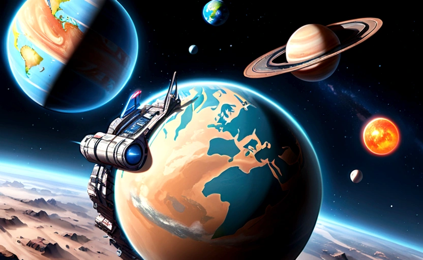 ((A spaceship arriving on an Earth-like planet)), very detailed. a few kilometers from the planet.