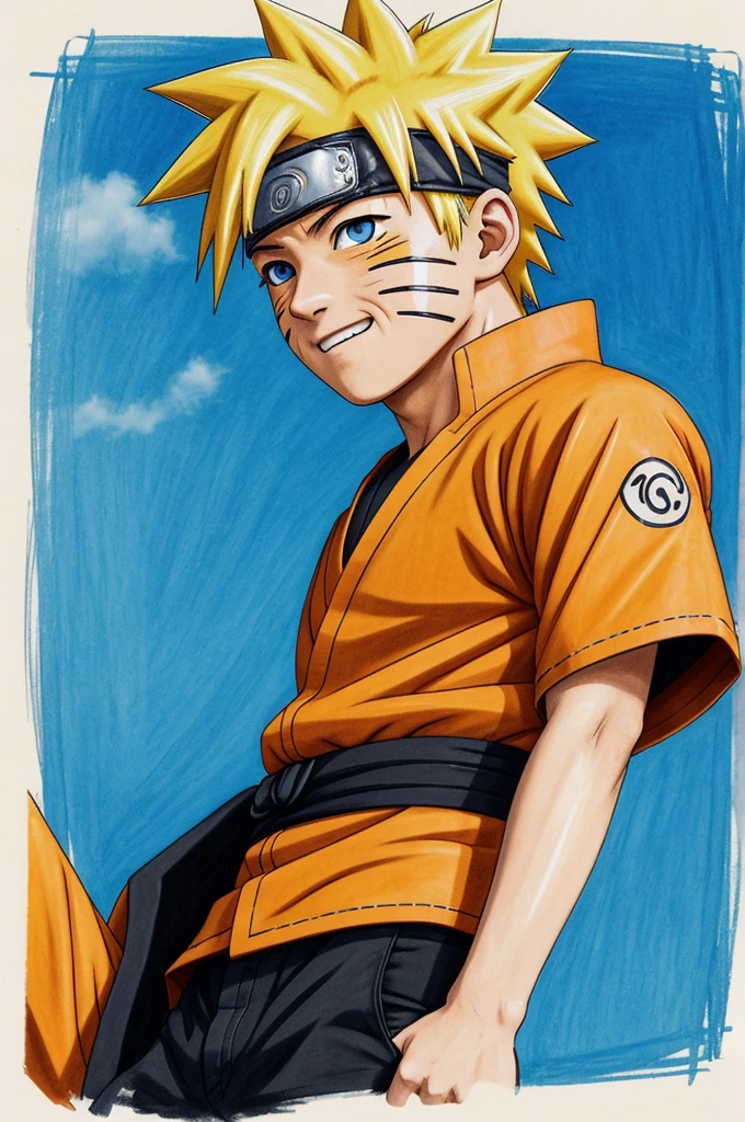 A drawing of Naruto shows him as a naughty young man, wearing his traditional orange clothes, and showing ninja marks on his face and body. His short yellow hair exudes vitality and enthusiasm, and his blue eyes reflect determination and determination. There can be an air of enthusiasm or excitement in his facial expressions, highlighting his lively and adventurous personality. 