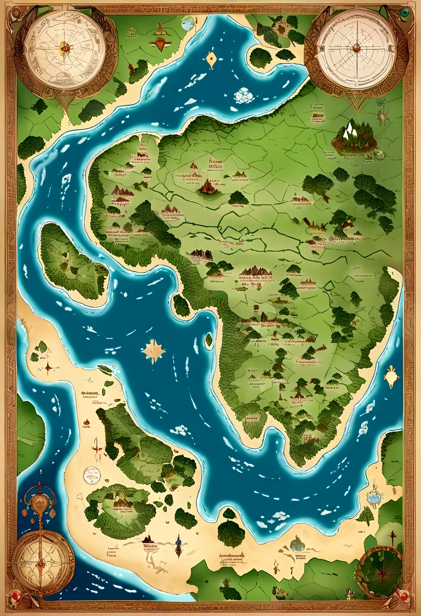 Tokkien world style map of Middle Earth, with continents, countries and islands. Combine different types of terrain such as mountains, slopes, rivers, swamps and deserts
