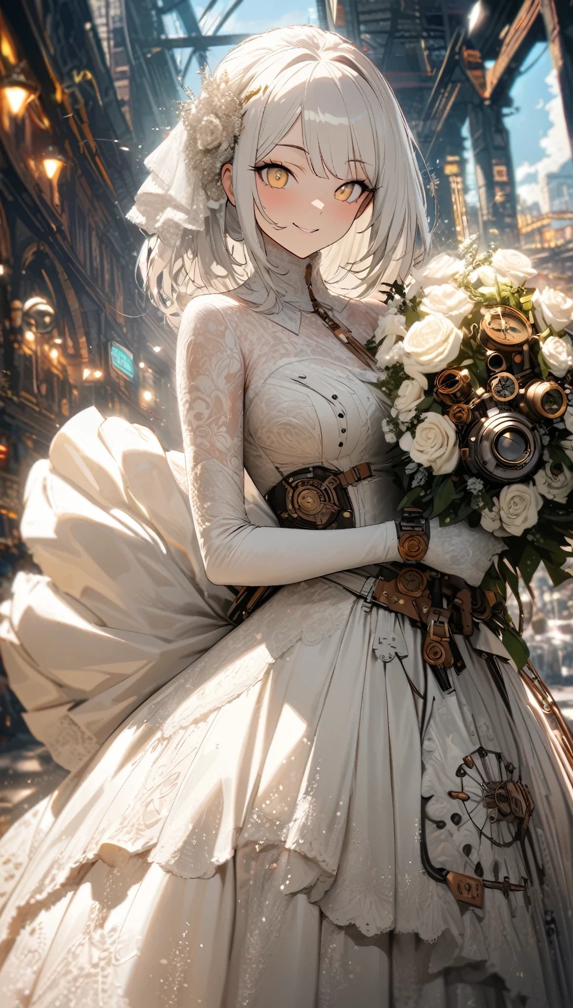 best quality, super fine, 16k, incredibly absurdres, extremely detailed, 2.5D, delicate and dynamic, beautiful woman, captivating smile, pure white wedding dress, amazing style, bouquet, steampunk, dieselpunk, clockpunk, cyberpunk, glitter effects