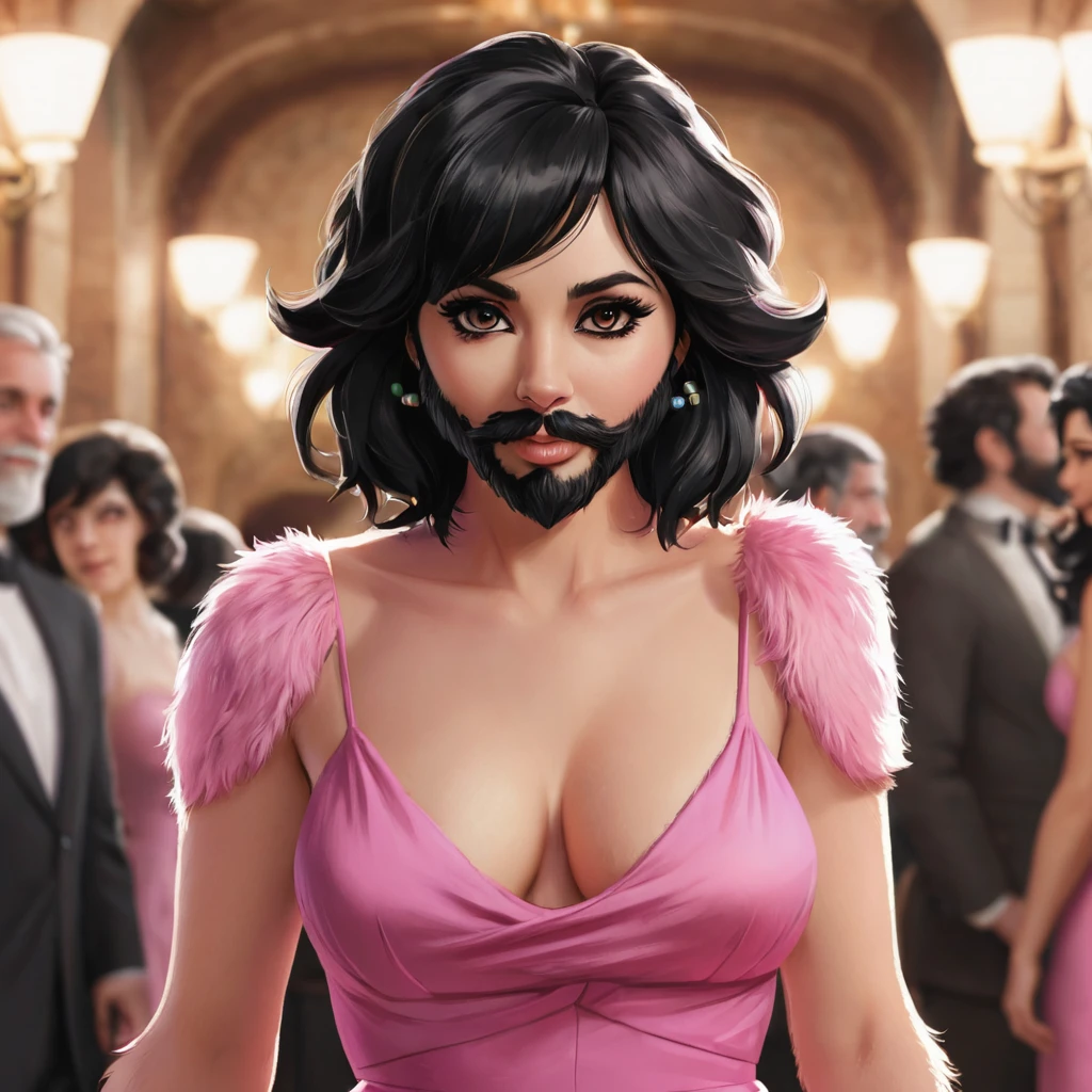 Jewish woman, black hair, black eyes, hair bust chest bearded shaggy, wears a pink low-cut dress