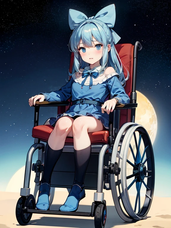 NSFW, Full body only, ,clara sesemann,by rubio,hair band,Blue eyes,blue dress,, Sitting in a wheelchair, flying through the galaxy