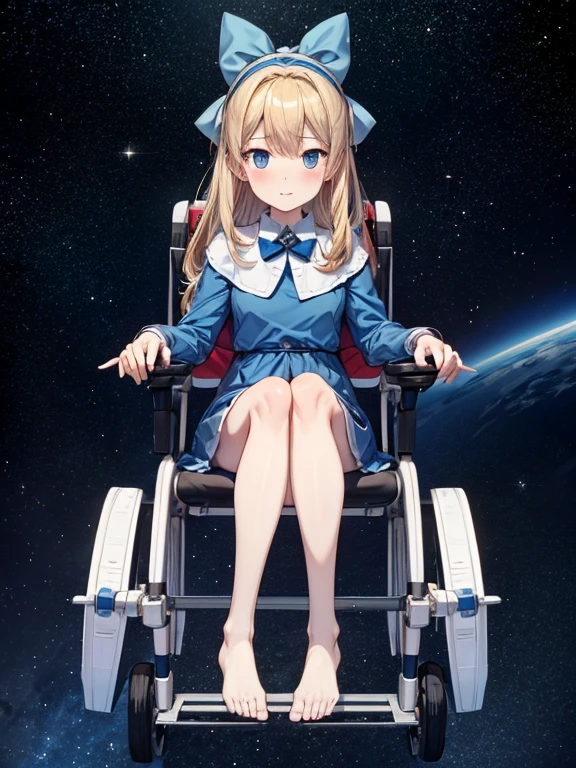 NSFW, Full body only, ,clara sesemann,by rubio,hair band,Blue eyes,blue dress,, Sitting in a wheelchair, flying through the galaxy