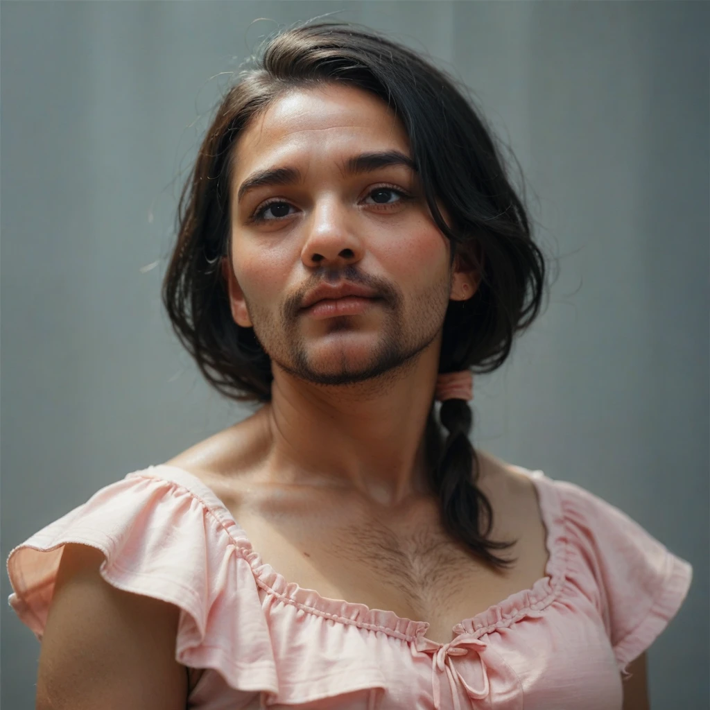 Jewish woman, black hair, black eyes, hair bust chest bearded shaggy, wears a pink low-cut dress