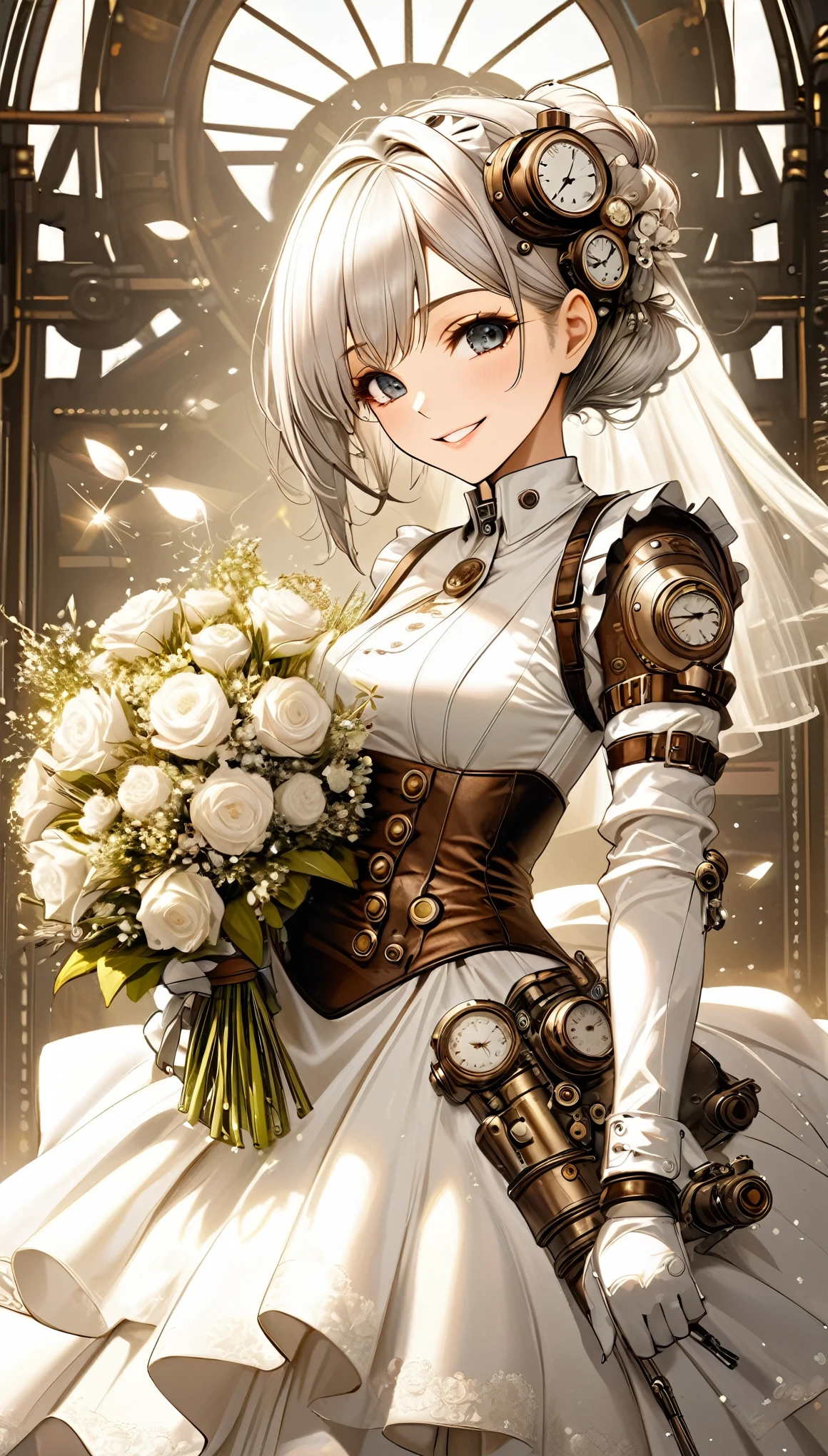 best quality, super fine, 16k, incredibly absurdres, extremely detailed, 2.5D, delicate and dynamic, beautiful woman, captivating smile, pure white wedding dress, amazing style, bouquet, steampunk, dieselpunk, clockpunk, cyberpunk, glitter effects