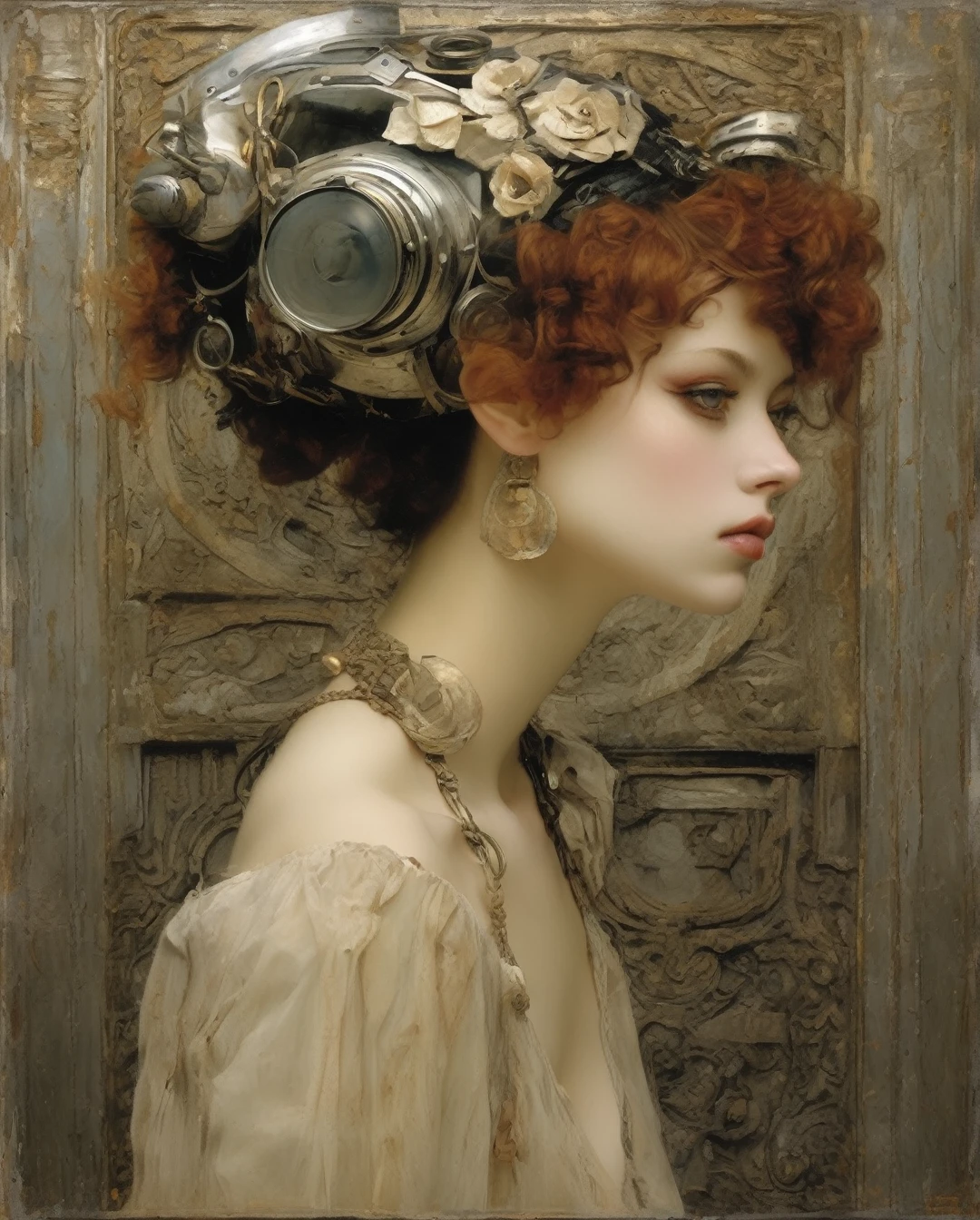 Lawrence Alma Tadema Style - high resolution art nouveau painting with (masterpiece:1.2, best quality), (real picture, intricate details), (1lady, solo, upper body, big) The clothes ar:avant-garde,avant-garde,Experiment with appearance:curlies,Dramatic makeup,Unconventional fashion choice behavior:rebelliousness、non-conformist、Provocation location:urban art district、Underground music venues Hobbies:Participation in punk shows、creating mixed media art、Try different subcultural values:individuality、Realiy、Creative expression of inspiration:Punk rock music、Counterculture icons,Avant-garde art movement character traits:boldness、boldness、act outside the box。