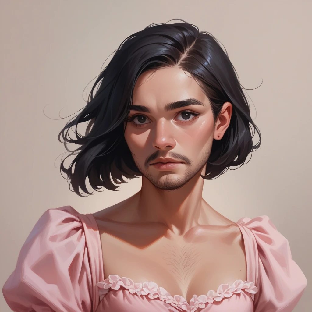 
Jewish woman, black hair, black eyes, hair bust chest bearded shaggy, wears a pink low-cut dress