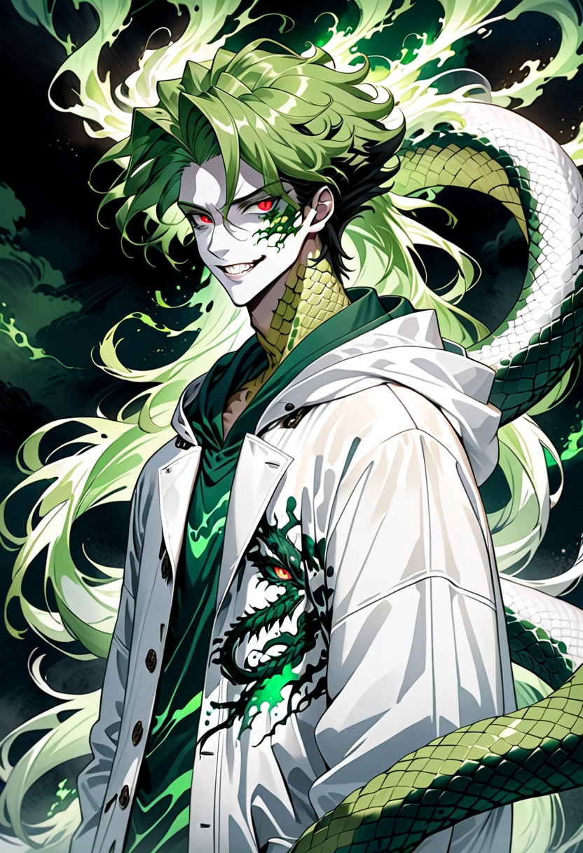 Generate an anime-style illustration of a age male character with the appearance of a Gorgon. He should have pale skin, sharp facial features, and a monstrous look, with green scales covering parts of his face and body. His hair should be made entirely of slender, elegant white snakes with subtle green highlights, all oozing a green liquid aura. The snakes should have piercing red eyes. The character should be wearing a white trench coat hoodie with accents of green, creating a harmonious green and white color theme. He should have a sinister grin on his face. Please ensure that the overall aesthetic remains true to traditional anime art style