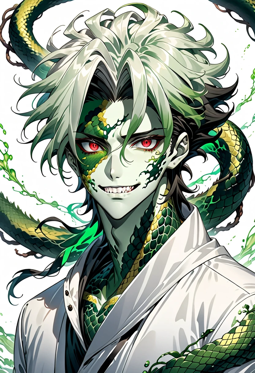 Generate an anime-style illustration of a teenage male character with the appearance of a Gorgon. He should have pale skin, sharp facial features, and a monstrous look, with green scales covering parts of his face and body. His hair should be made entirely of slender, elegant white snakes with subtle green highlights, all oozing a green liquid aura. The snakes should have piercing red eyes. The character should be wearing a white trench coat hoodie with accents of green, creating a harmonious green and white color theme. He should have a sinister grin on his face. Please ensure that the overall aesthetic remains true to traditional anime art style