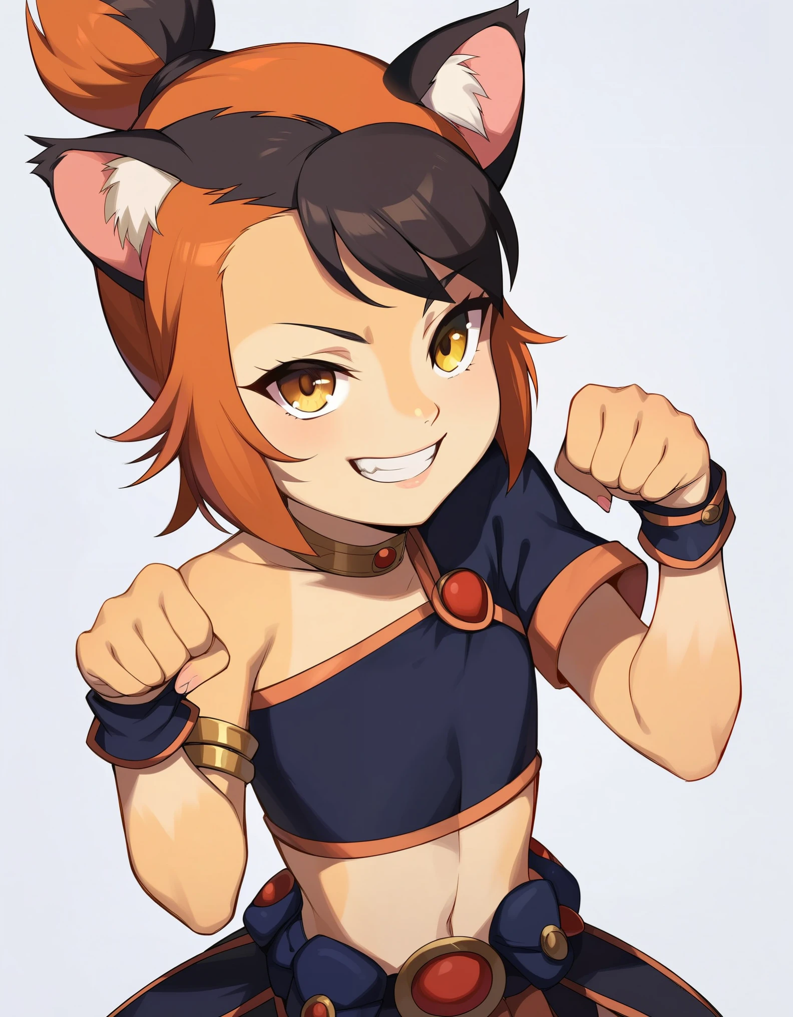 core_9, score_8_up, solo, BREAK, female , wilykit, girl, solo, brown hair, two-tone hair, multicolored hair, armlet, yellow eyes, paw pose, black hair, orange hair, animal ears, flat chest, white background,