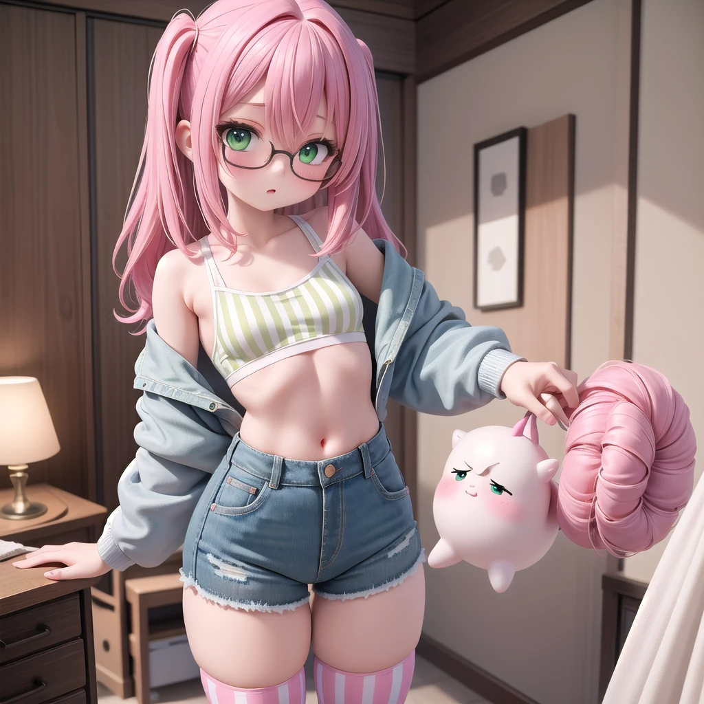 (masterpiece, best quality), 1girl, small breasts, small hips, green eyes, pink hair, crop top, denim shorts, bedroom, striped thighhighs, pervert, , glasses,