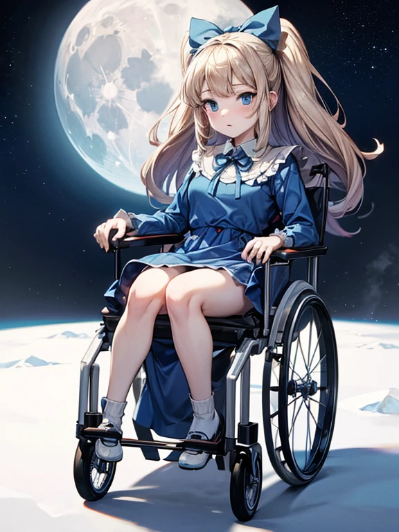 NSFW, Full body only, ,clara sesemann,by rubio,hair band,Blue eyes,blue dress,, Sitting in a wheelchair, flying across the moon