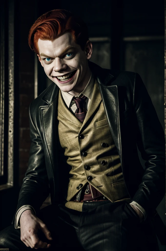 Jerome Valeska in Gotham, with a straitjacket, manic smile, angry eyes, whole body,