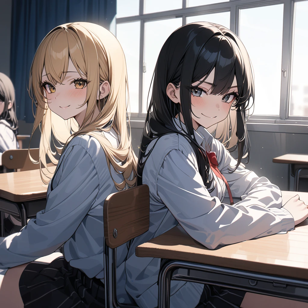 (award winning, 8k, super detailed, high resolution, best quality) , photography, (two girls), girl on the left with blonde hair and smirk expression, girl on the right with black hair and (timid expression), (sitting side by side at desk), ((beautiful girls)), classroom, light from the window.