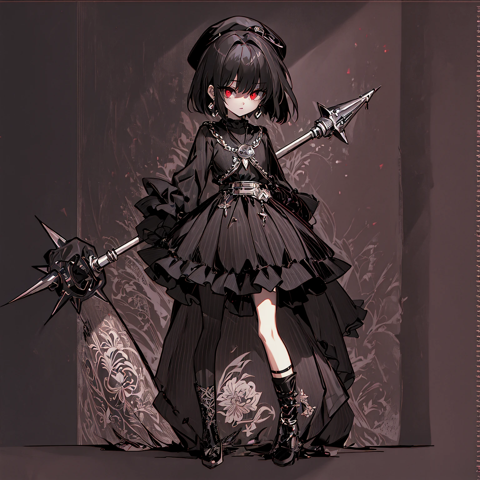 ultra detailed,best quality,game character, cool beauty,lady,20 year old,1girl, solo,full body,standing,Low Angle,dynamic pose,character focus,simple background, {{yandere,short bob hair, deep purple hair, red eyes, closed mouth, jewelry, black beret,blue hydrangea corsage, earrings, choker, black Gothic punk Style,bell mini skirt, black and white striped over the knee socks, long black boots, holding a mjolnir hammer in both hands, standing ,barbed hammer,huge tough hammer}},Crush the rock into small pieces and scatter the stone pieces,bell skirt