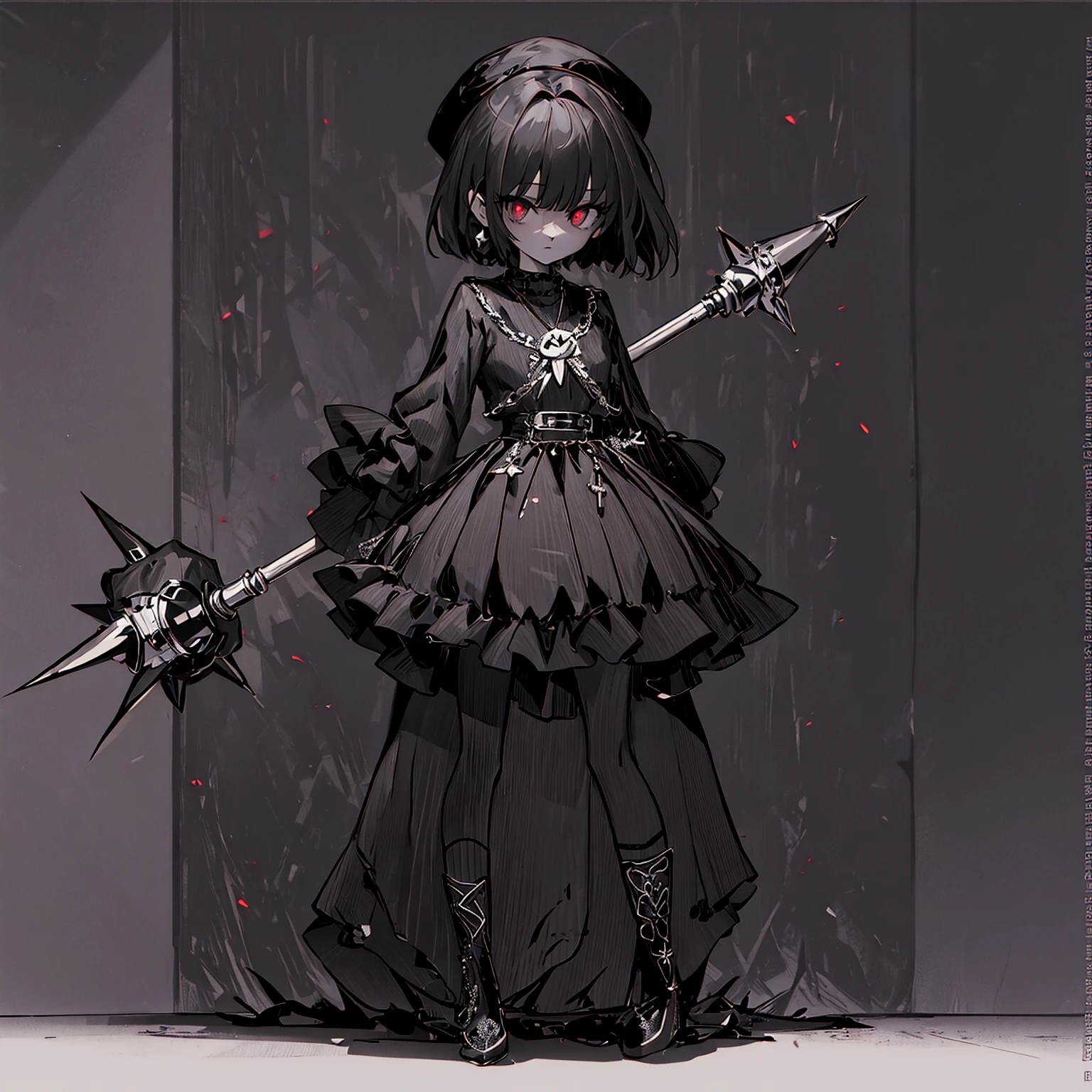 ultra detailed,best quality,game character, cool beauty,lady,20 year old,1girl, solo,full body,standing,Low Angle,dynamic pose,character focus,simple background, {{yandere,short bob hair, deep purple hair, red eyes, closed mouth, jewelry, black beret,blue hydrangea corsage, earrings, choker, black Gothic punk Style,bell mini skirt, black and white striped over the knee socks, long black boots, holding a mjolnir hammer in both hands, standing ,barbed hammer,huge tough hammer}},Crush the rock into small pieces and scatter the stone pieces,bell skirt